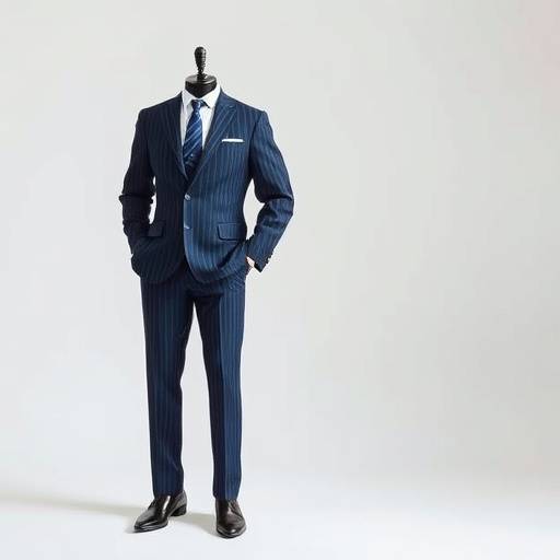 A bespoke navy blue business suit with subtle pinstripes, featuring a perfectly tailored jacket and trousers, showcasing the fine wool fabric.