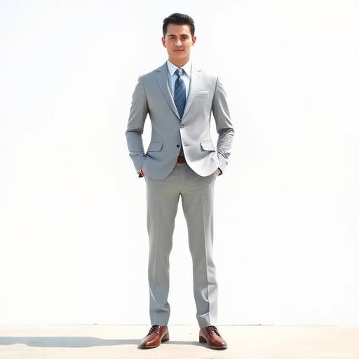 A classic light grey ready-to-wear suit with a single-breasted jacket and flat-front trousers, a versatile option for summer business attire.