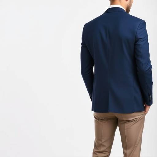 A slim-fit navy blazer from the ready-to-wear collection, shown paired with neutral trousers, versatile for both formal and smart-casual looks.