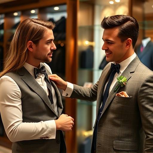 A stylist helping a client choose between different ties and pocket squares.